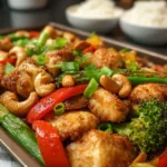 A delicious sheet pan cashew chicken dish with colorful vegetables and cashews, ready to serve