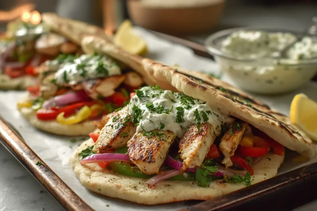 Golden brown sheet pan chicken pitas filled with grilled chicken, fresh vegetables, and creamy sauce, served on a rustic wooden table.