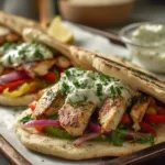 Golden brown sheet pan chicken pitas filled with grilled chicken, fresh vegetables, and creamy sauce, served on a rustic wooden table.