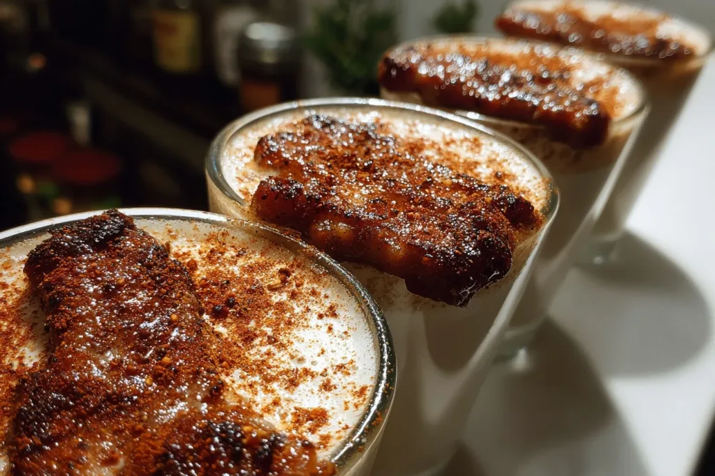 A glass of creamy sobia drink topped with cinnamon and served with dates.