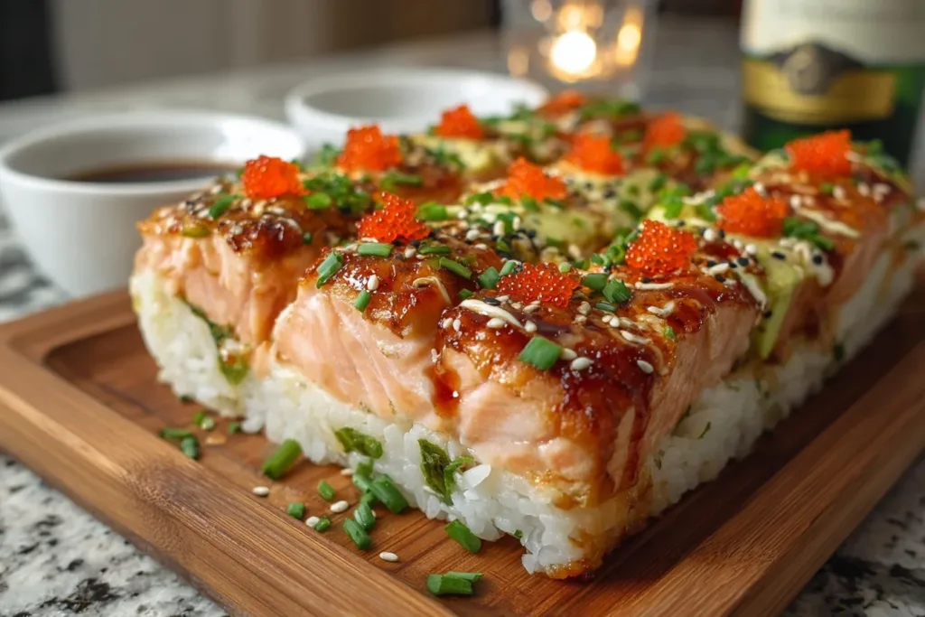 A delicious spicy salmon sushi bake topped with green onions and sesame seeds, served in a ceramic dish.