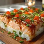 A delicious spicy salmon sushi bake topped with green onions and sesame seeds, served in a ceramic dish.