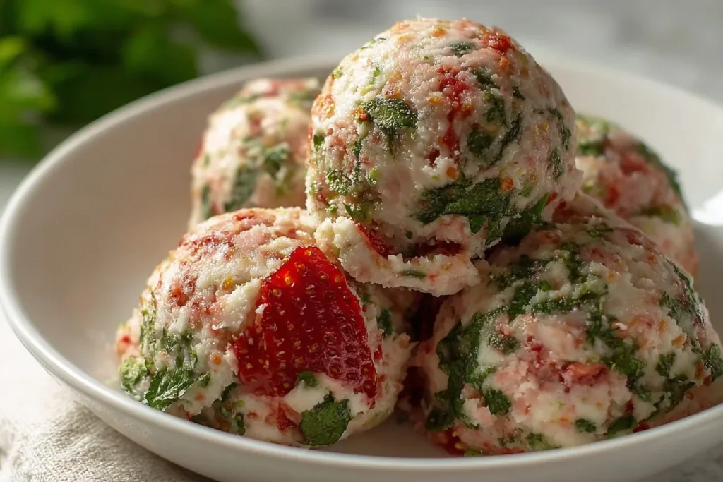 A plate of spinach garlic meatballs garnished with fresh parsley and served with marinara sauce.