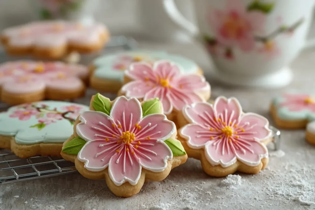 A plate of beautifully decorated spring blossom cookies with pastel colors and floral designs