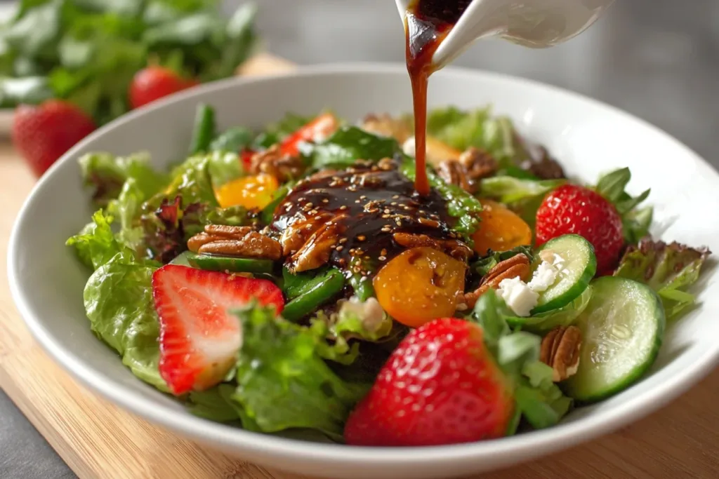 A vibrant spring mix salad topped with cherry tomatoes, cucumbers, and drizzled with balsamic dressing