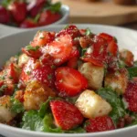 A vibrant bowl of strawberry crack salad topped with sliced strawberries, marshmallows, and whipped cream