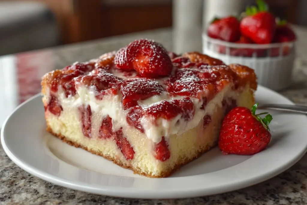 A decadent strawberry earthquake cake topped with fresh strawberries and a creamy frosting on a white plate.