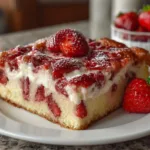 A decadent strawberry earthquake cake topped with fresh strawberries and a creamy frosting on a white plate.