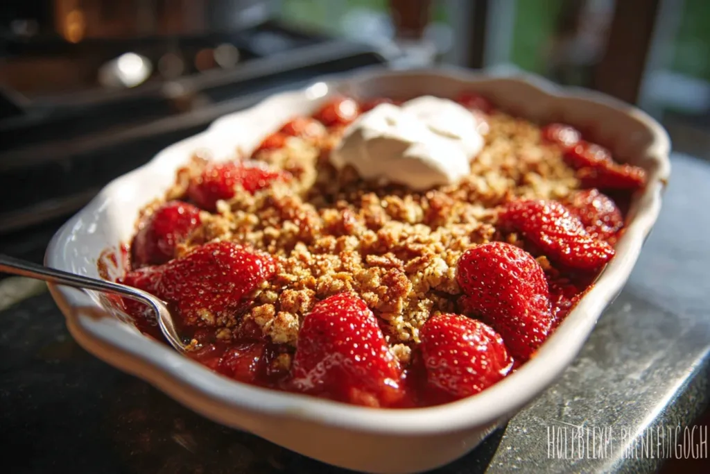 A freshly baked strawberry rhubarb crisp topped with a golden oat crumble and fresh strawberries