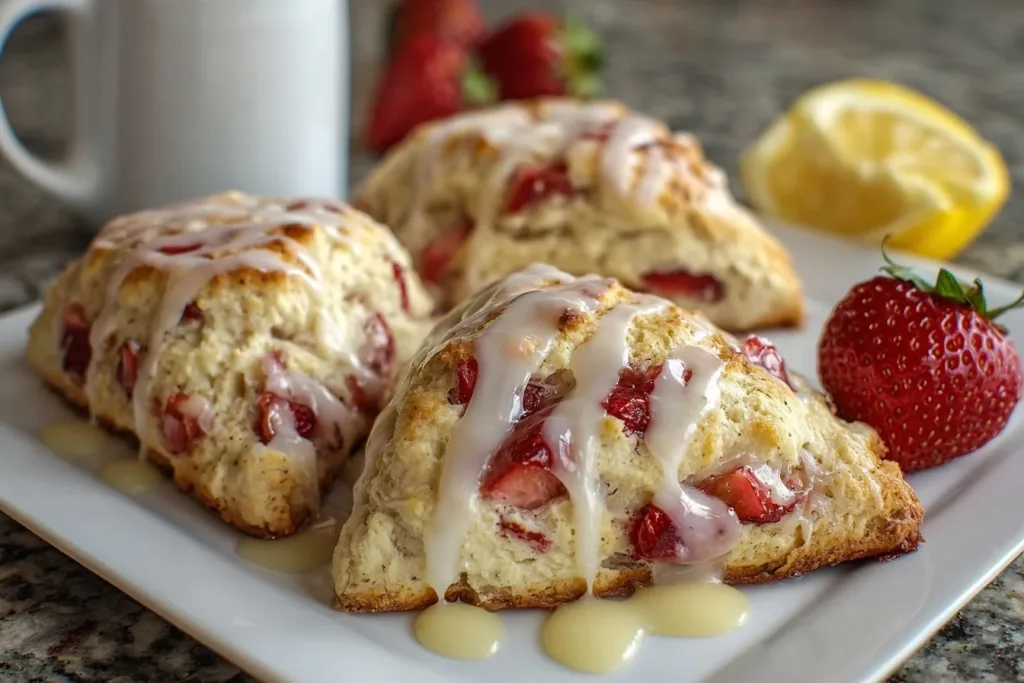 Freshly baked strawberry scones drizzled with lemon glaze on a white plate