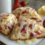 Freshly baked strawberry scones drizzled with lemon glaze on a white plate