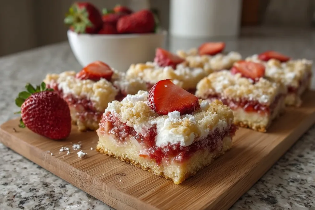 Delicious strawberry shortcake bars topped with fresh strawberries and whipped cream