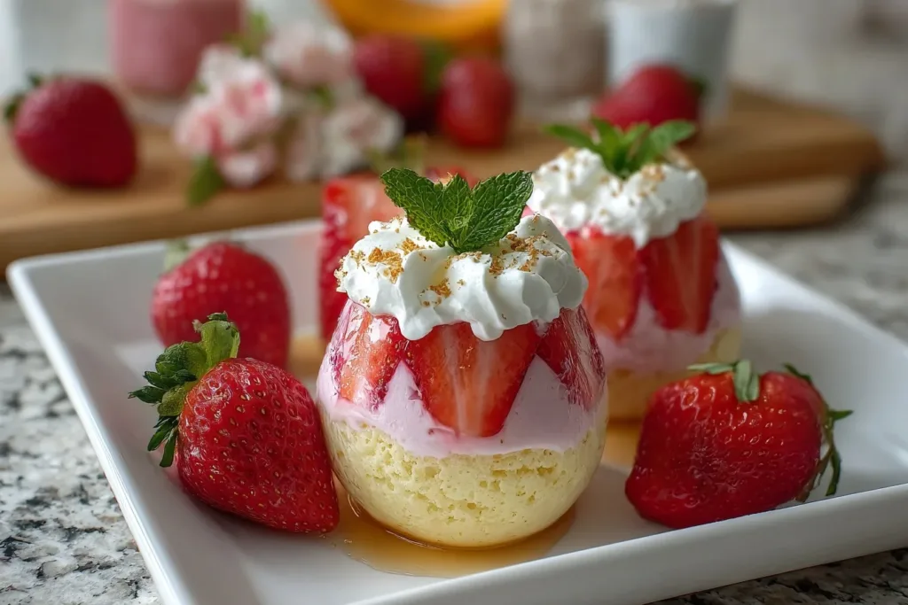A beautifully arranged strawberry shortcake easter egg with fresh strawberries and whipped cream on top
