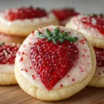 Freshly baked strawberry sugar cookies with pink icing and sprinkles on a white plate
