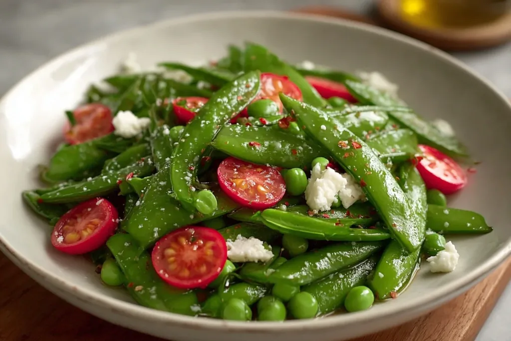 A vibrant sugar snap pea salad with cherry tomatoes, radishes, and a light vinaigrette dressing.
