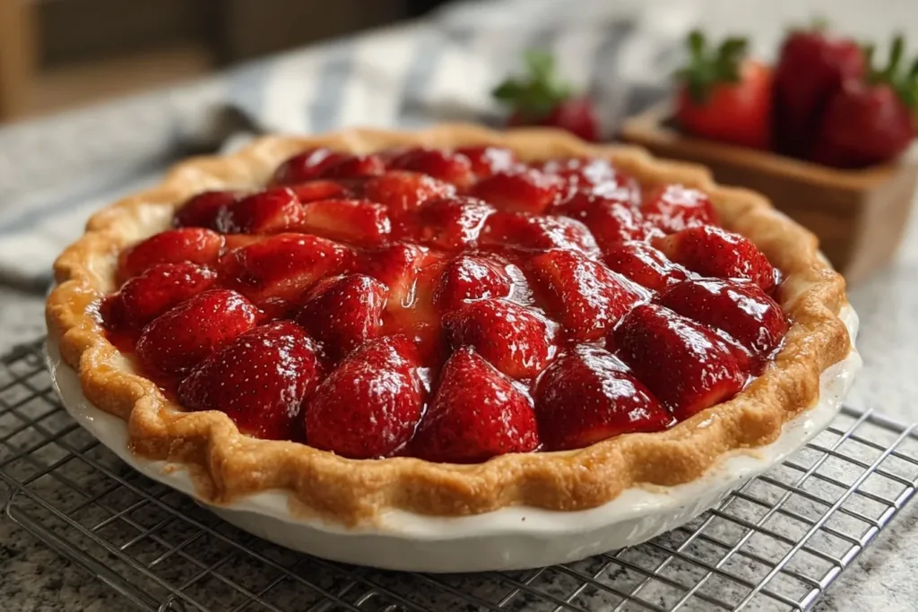A freshly baked strawberry pie topped with whipped cream and fresh strawberries