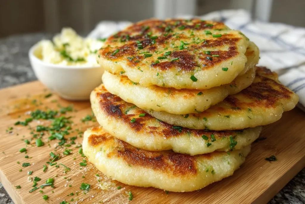 Golden brown traditional Irish potato farls on a wooden board, garnished with fresh herbs