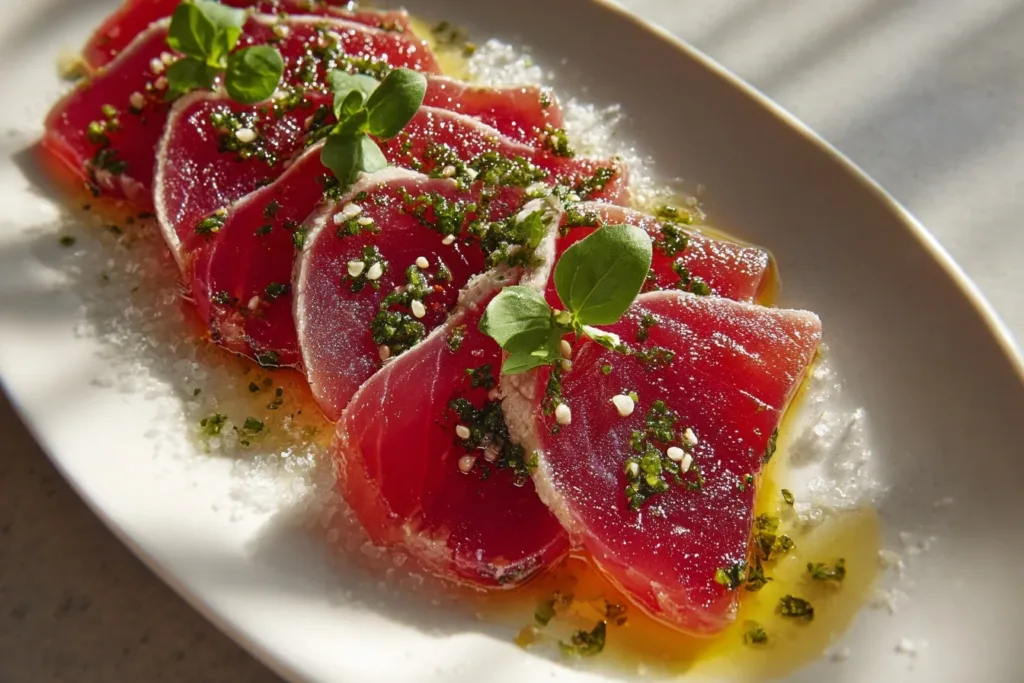 A beautifully plated tuna crudo garnished with herbs, citrus slices, and olive oil.