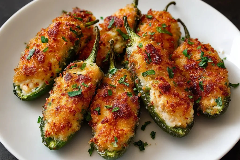 Plate of golden-brown tuna jalapeno poppers topped with melted cheese and garnished with cilantro