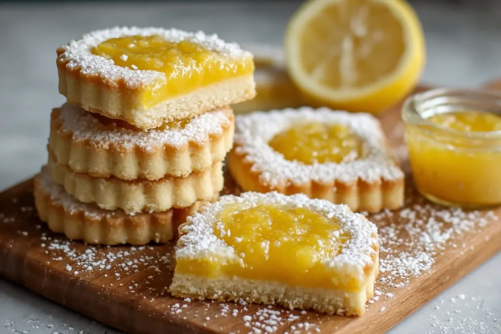 A plate of vegan lemon curd shortbread cookies garnished with lemon zest and mint leaves