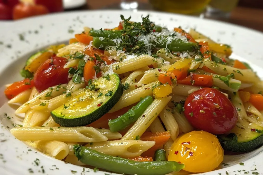A vibrant plate of vegetarian pasta primavera with colorful vegetables like bell peppers, zucchini, and cherry tomatoes