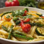 A vibrant bowl of vegetarian pasta primavera with colorful vegetables like bell peppers, zucchini, and cherry tomatoes