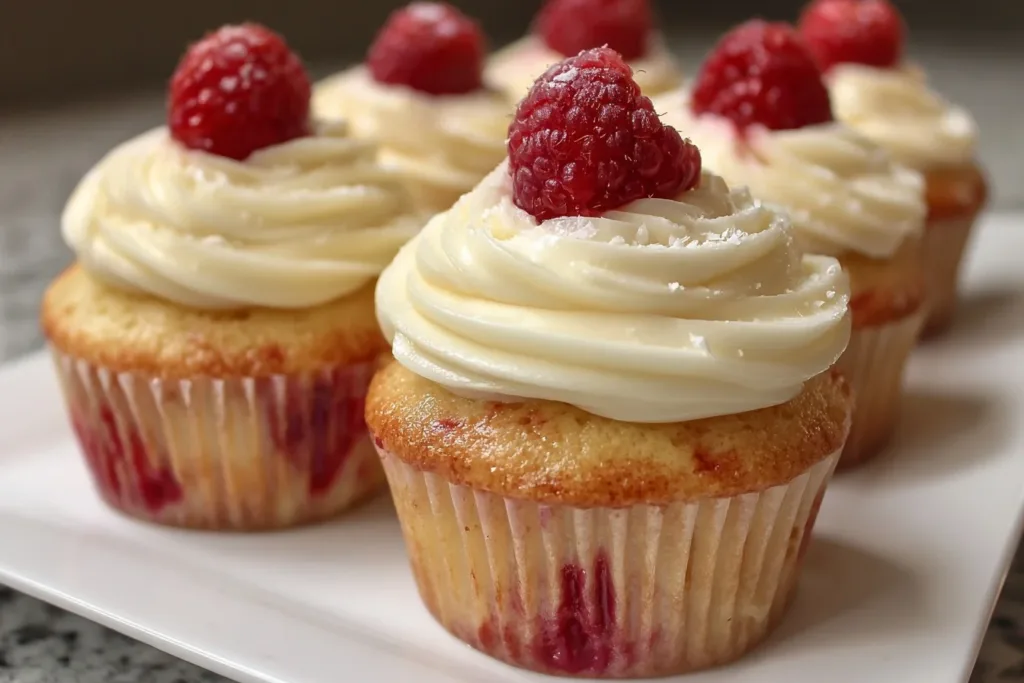 Delicious white chocolate raspberry cupcakes topped with fresh raspberries and white chocolate shavings