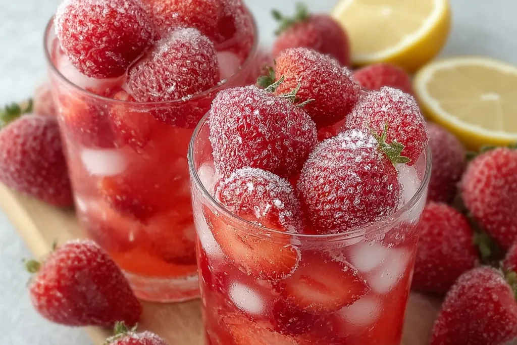A refreshing glass of frozen strawberry lemonade garnished with fresh strawberries and lemon slices