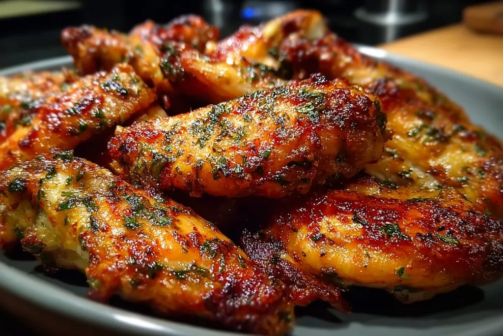 A platter of golden-brown baked chicken wings coated in garlic sauce with herbs