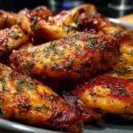 A platter of golden-brown baked chicken wings coated in garlic sauce with herbs