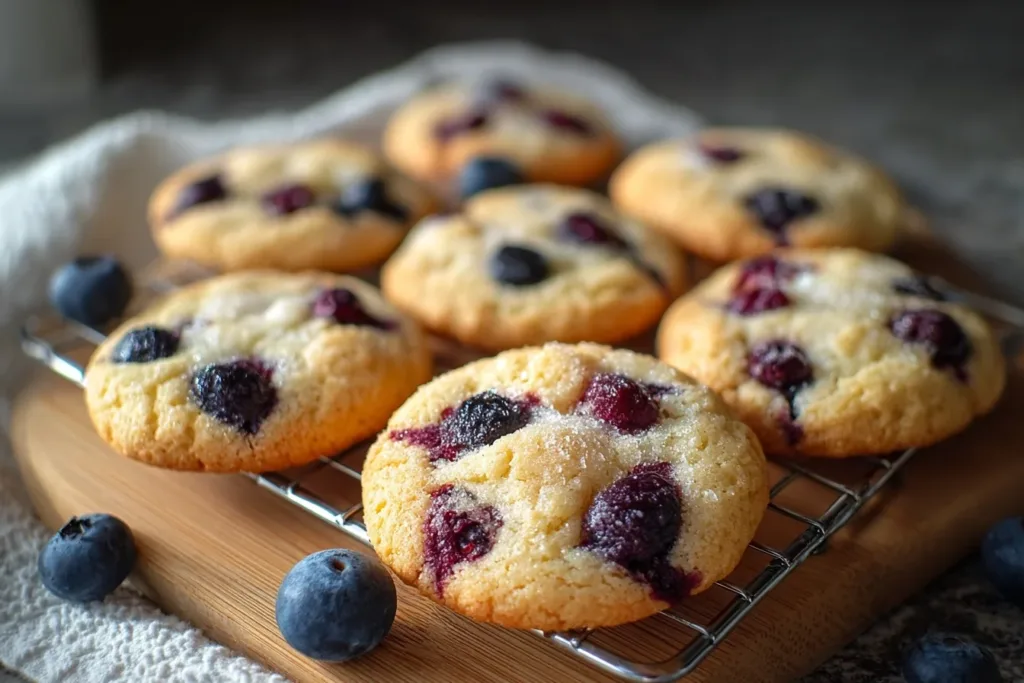 A plate of freshly baked blueberry cookies with a golden-brown exterior and juicy blueberries visible