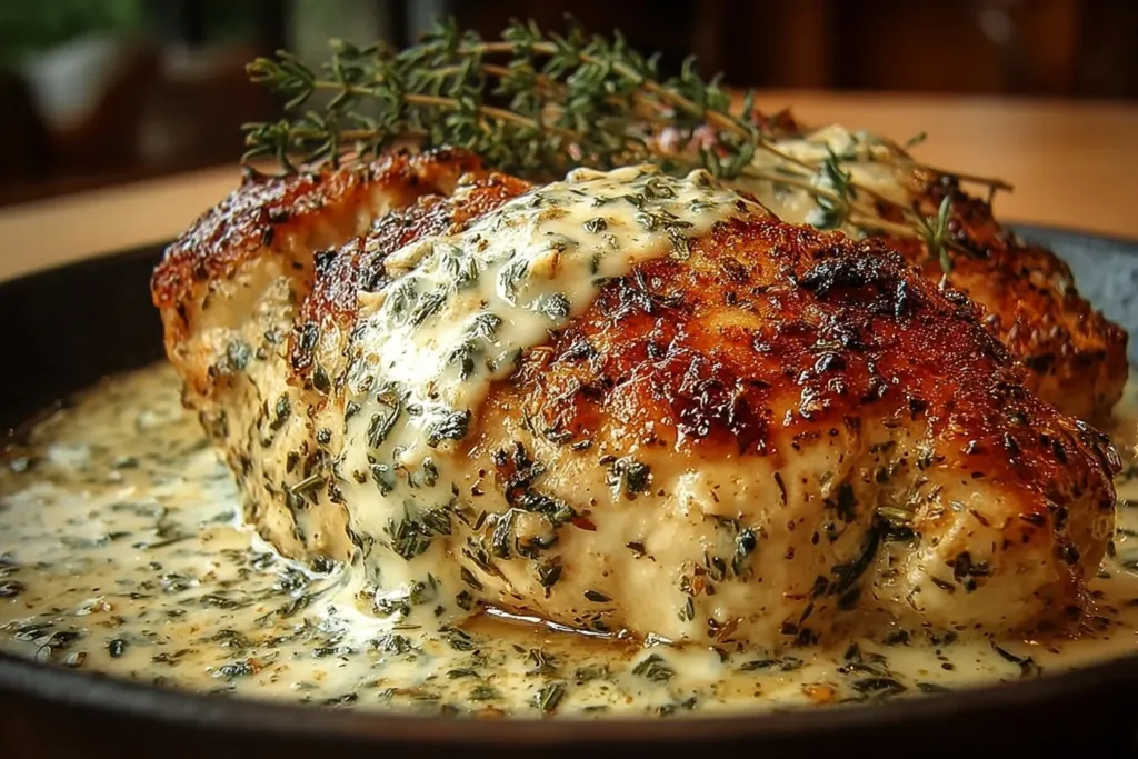 Cream cheese chicken garlic dish garnished with herbs and served on a white plate