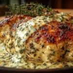 Cream cheese chicken garlic dish garnished with herbs and served on a white plate