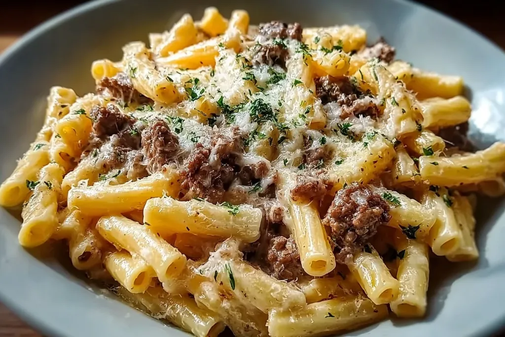 A delicious creamy beef pasta dish topped with fresh parsley and grated cheese