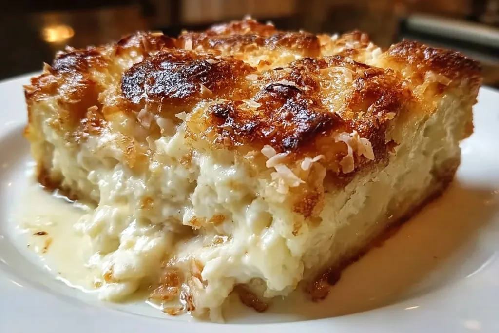 A slice of creamy coconut cheesecake bread topped with shredded coconut and a dollop of whipped cream
