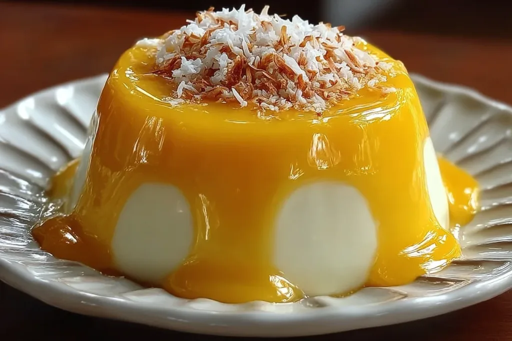 A bowl of creamy mango pudding topped with shredded coconut and fresh mango slices