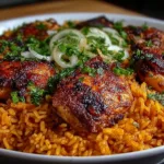 A vibrant plate of baked jollof rice topped with golden roasted chicken, garnished with fresh herbs and sliced vegetables.