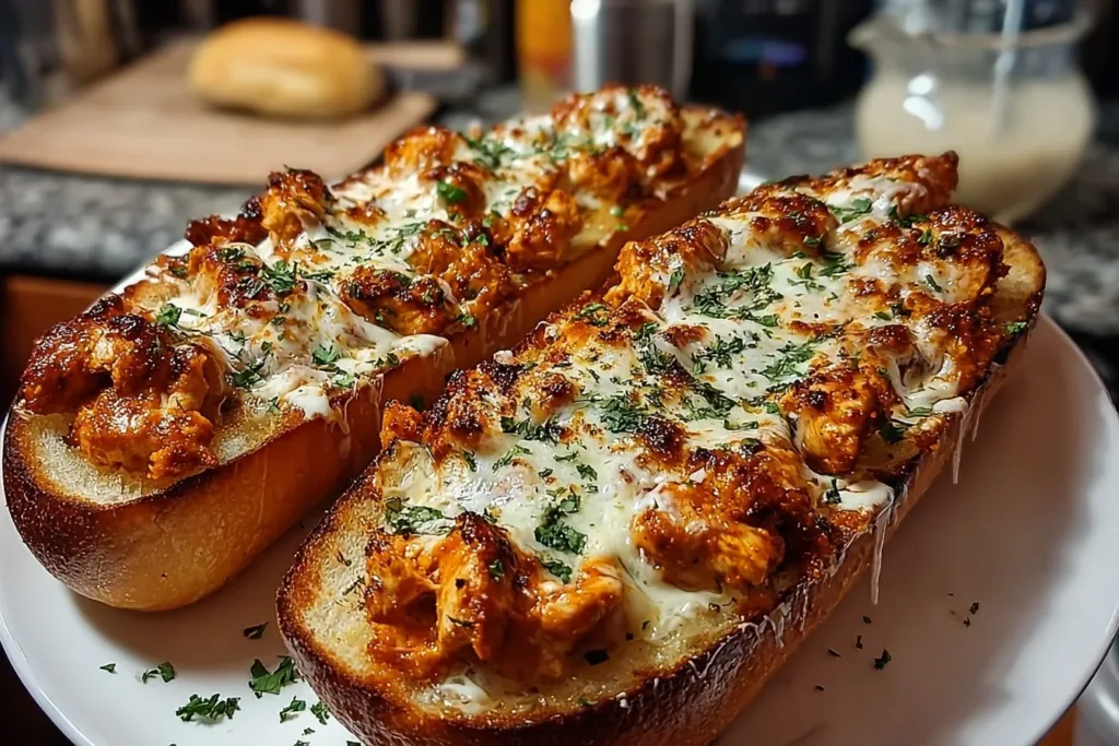 A freshly baked buffalo chicken french bread topped with melted cheese and green onions, served on a wooden cutting board.
