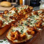 A freshly baked buffalo chicken french bread topped with melted cheese and green onions, served on a wooden cutting board.