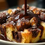 A warm serving of dark chocolate bread pudding topped with whipped cream and chocolate shavings