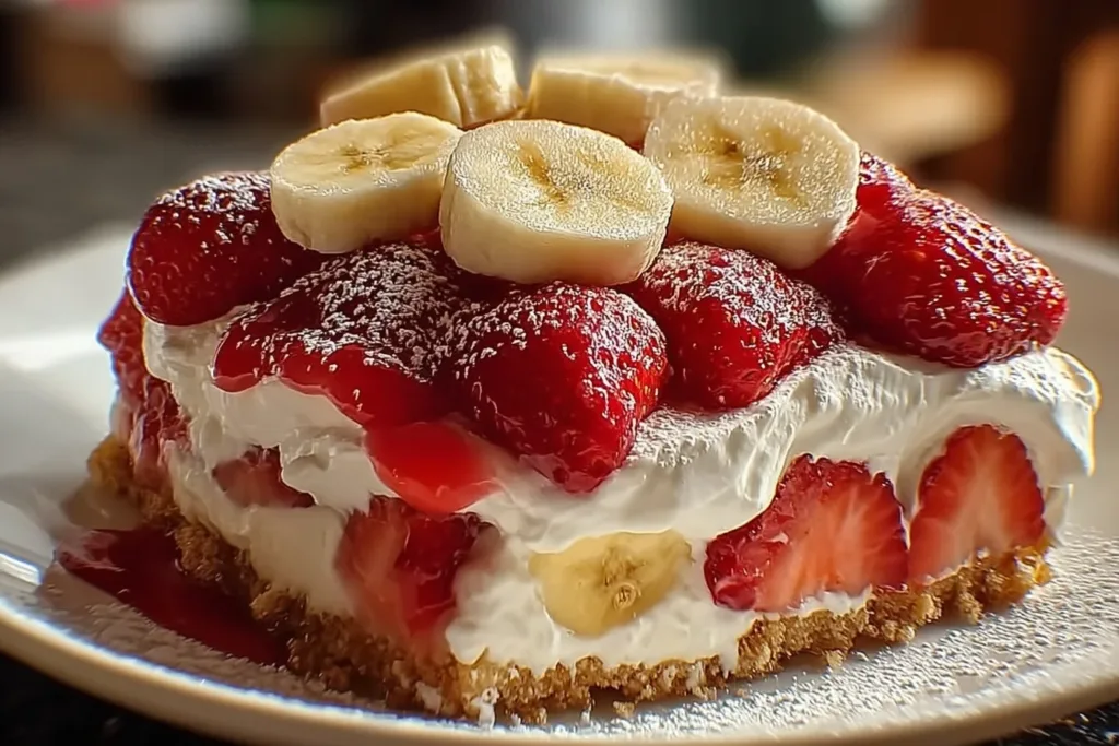 Delicious strawberry shortcake layered with ripe bananas and whipped cream