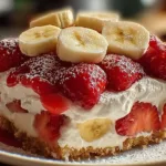 Delicious strawberry shortcake layered with ripe bananas and whipped cream