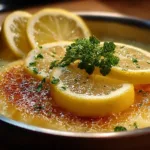 A vibrant zesty self saucing lemon dessert topped with fresh lemon slices and mint leaves.
