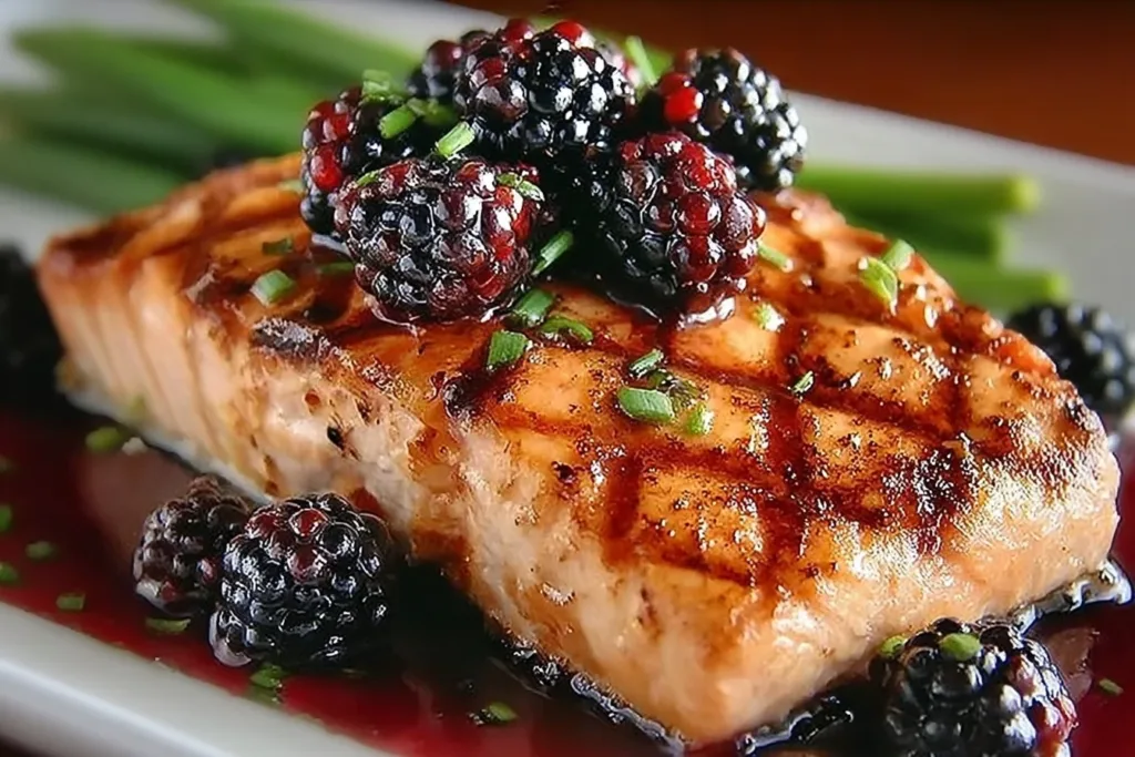 Grilled salmon fillet drizzled with rich blackberry sauce, garnished with fresh blackberries and herbs