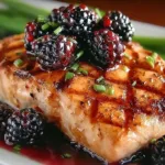 Grilled salmon fillet drizzled with rich blackberry sauce, garnished with fresh blackberries and herbs