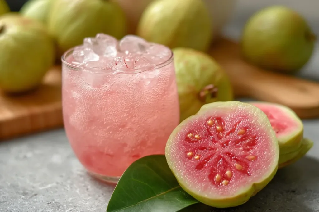 A refreshing glass of guava white tea lemonade garnished with lemon slices and mint leaves.