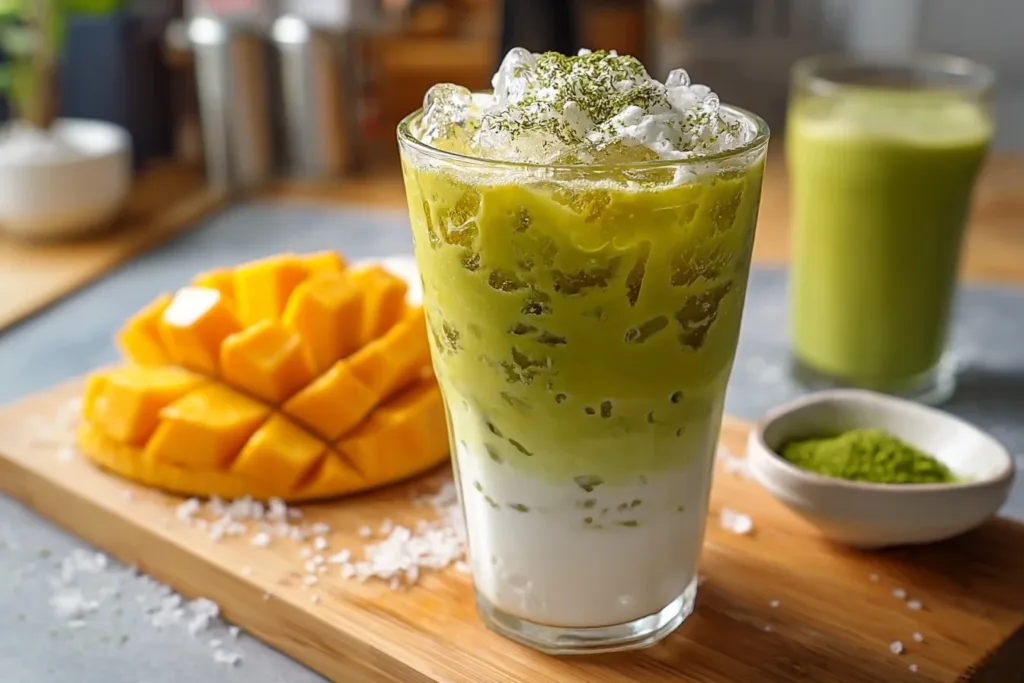 A refreshing iced mango matcha latte in a clear glass with ice cubes and a slice of mango on top