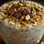 A bowl of Indian overnight oats topped with cardamom, nuts, and fresh fruits