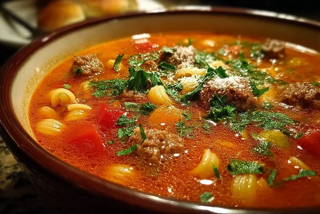A steaming bowl of Italian sausage soup with tomatoes, garnished with fresh parsley