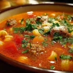A steaming bowl of Italian sausage soup with tomatoes, garnished with fresh parsley
